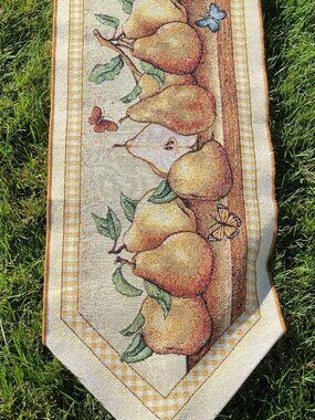 Woven Tapestry Table Runner David Carter Brown Pears Butterflies Autumn Fall